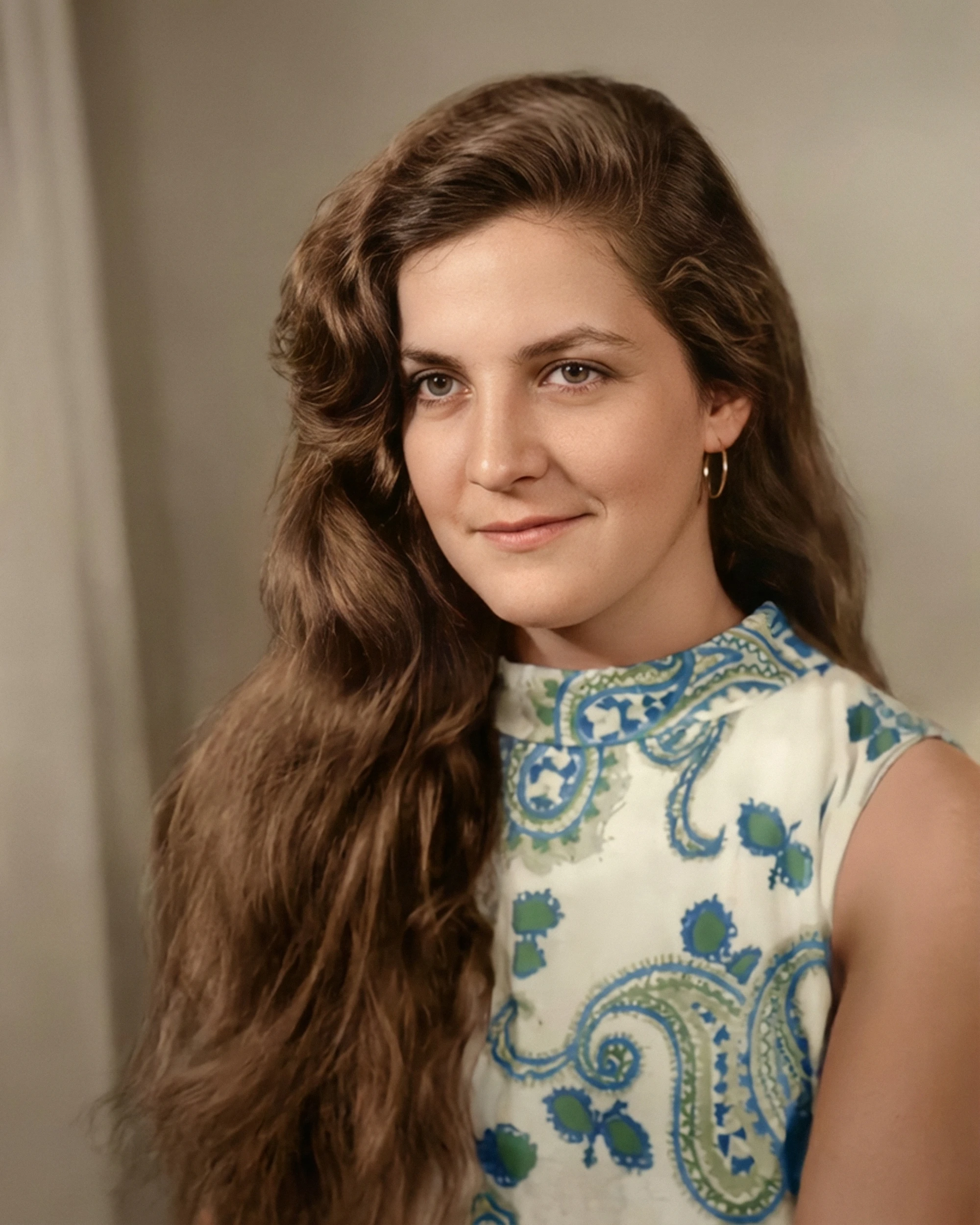 Restored portrait of a woman with cracks fully repaired